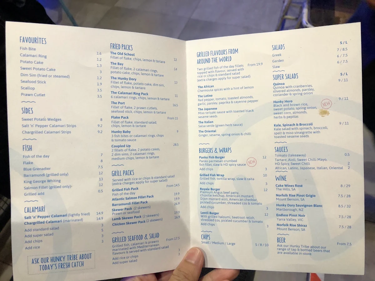 Menu, Hunky Dory Fish & Chips South Melbourne