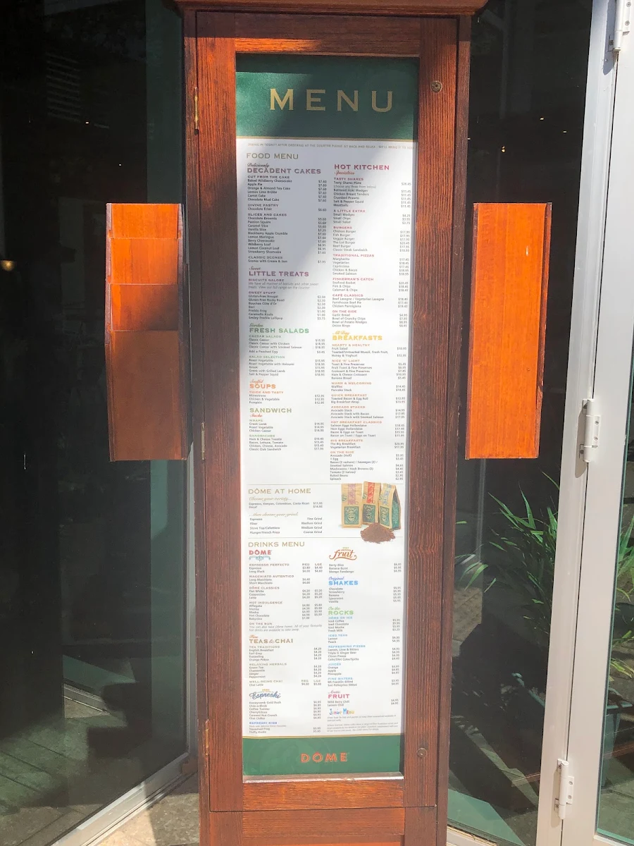 Menu, Dôme Café - Ellenbrook
