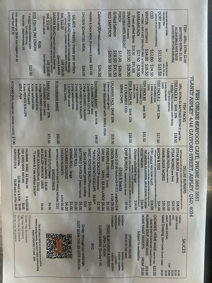 Menu, FISH ON LINE SEAFOOD CAFÉ