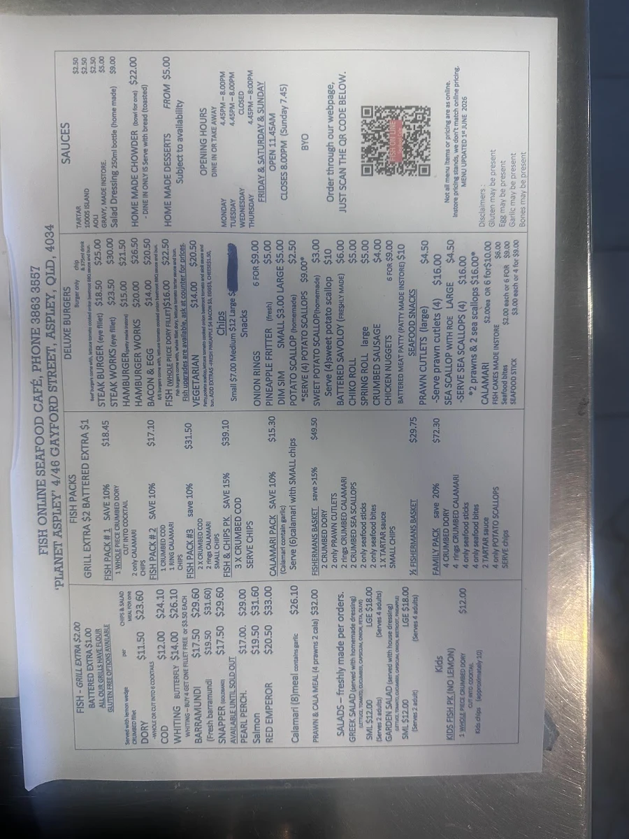Menu, FISH ON LINE SEAFOOD CAFÉ
