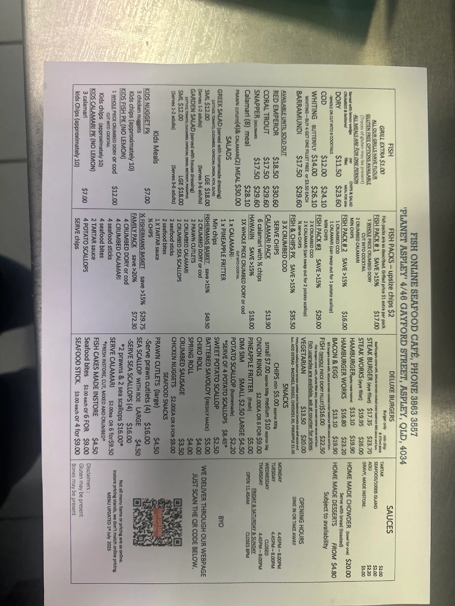 Menu, FISH ON LINE SEAFOOD CAFÉ