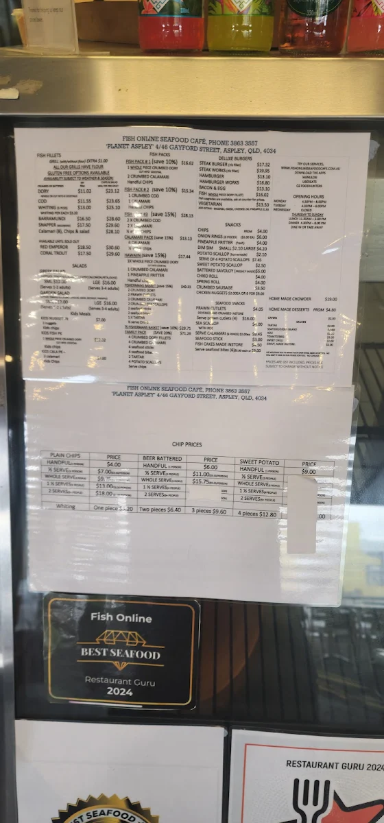 Menu, FISH ON LINE SEAFOOD CAFÉ
