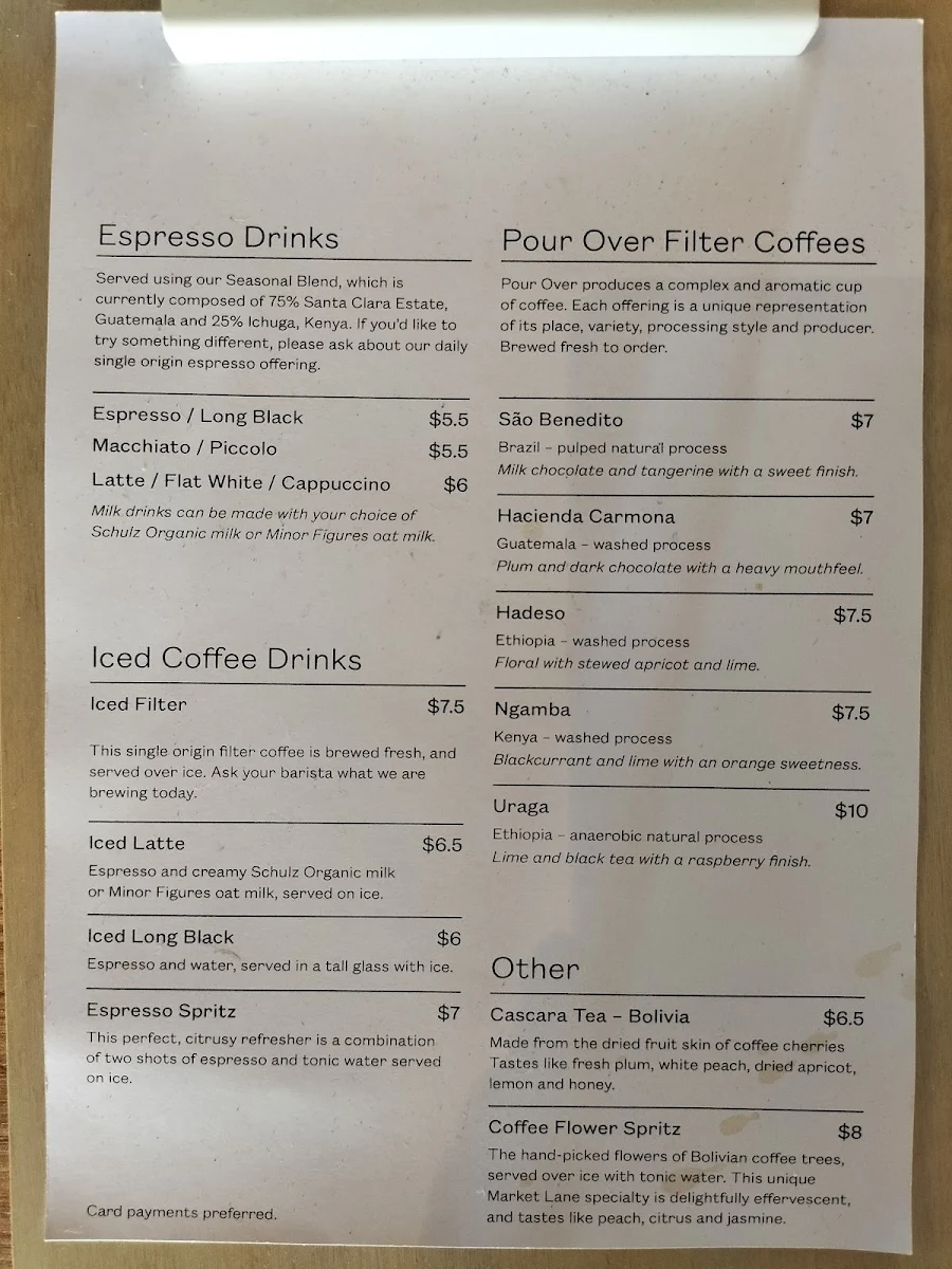 Menu, Market Lane Coffee - Sydney Road