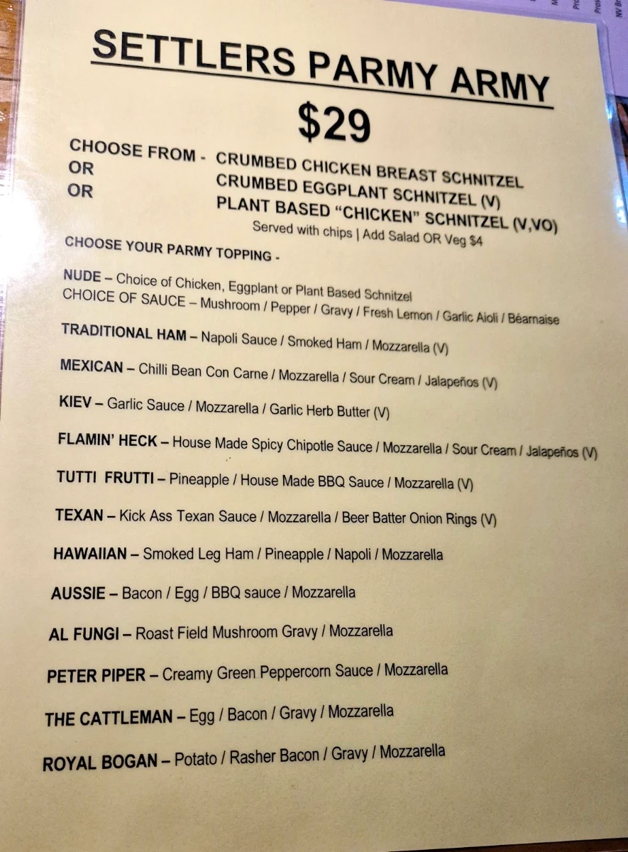 Menu, Settlers Tavern Tawonga South