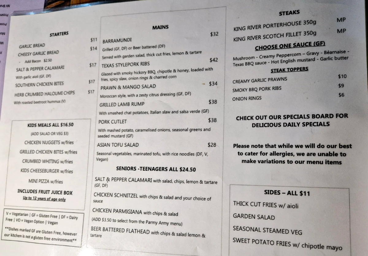 Menu, Settlers Tavern Tawonga South