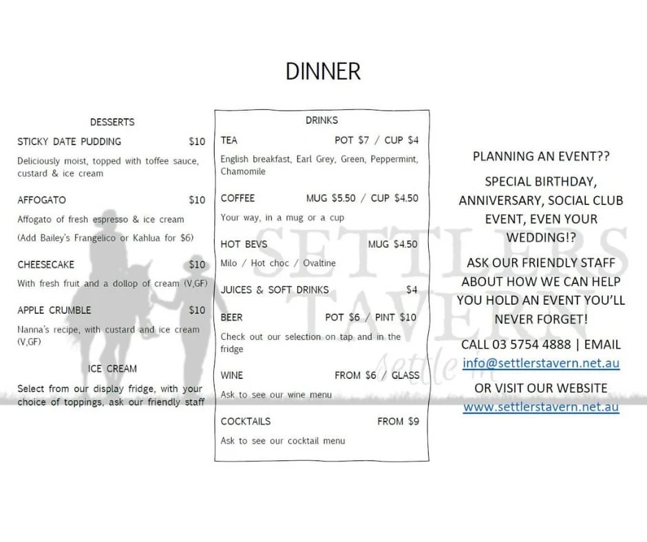 Menu, Settlers Tavern Tawonga South