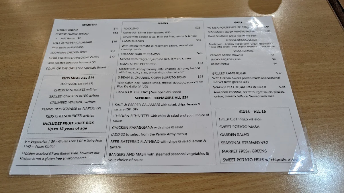 Menu, Settlers Tavern Tawonga South