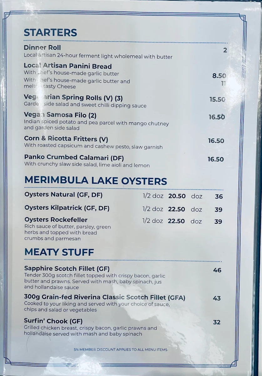 Menu, Club Sapphire Merimbula