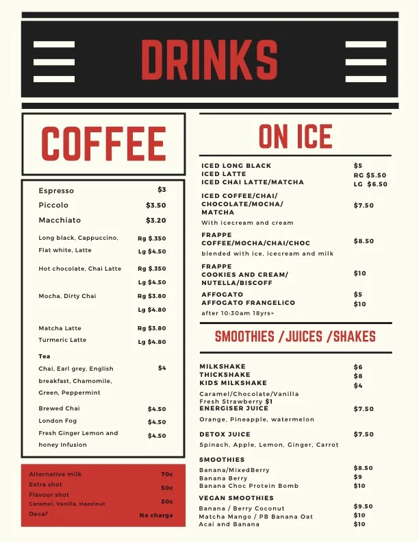 Menu, Hemingway Cafe and Bar