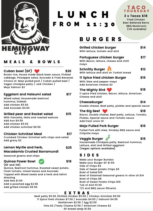 Menu, Hemingway Cafe and Bar
