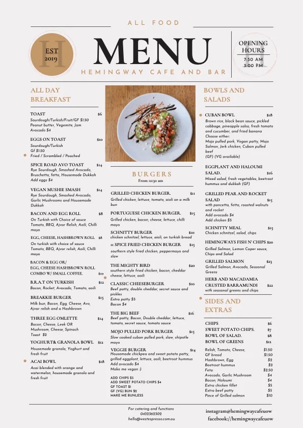 Menu, Hemingway Cafe and Bar