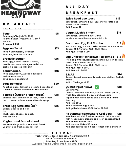 Menu, Hemingway Cafe and Bar