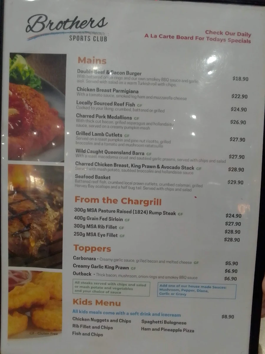 Menu, Brothers Sports Club Bundaberg