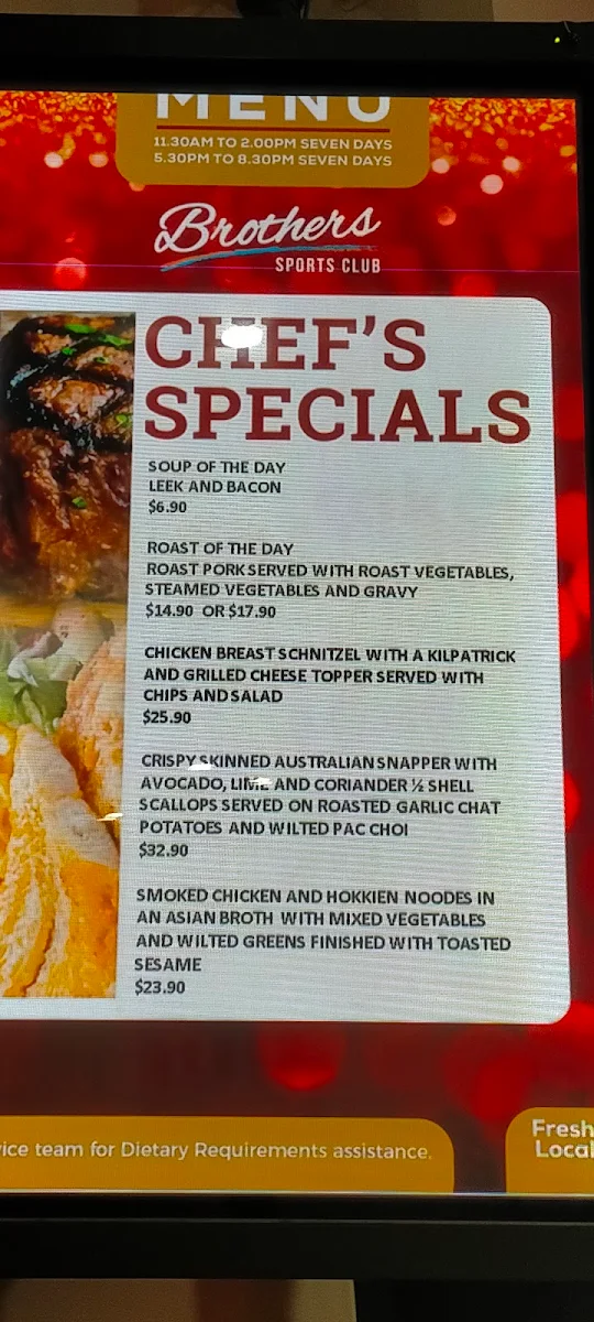 Menu, Brothers Sports Club Bundaberg