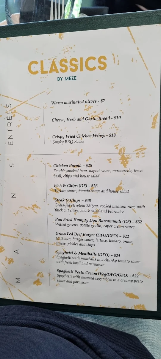 Menu, Meze Restaurant