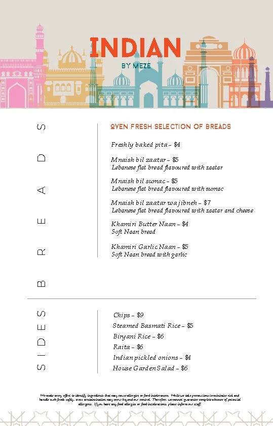 Menu, Meze Restaurant