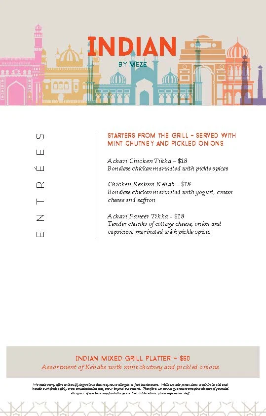 Menu, Meze Restaurant