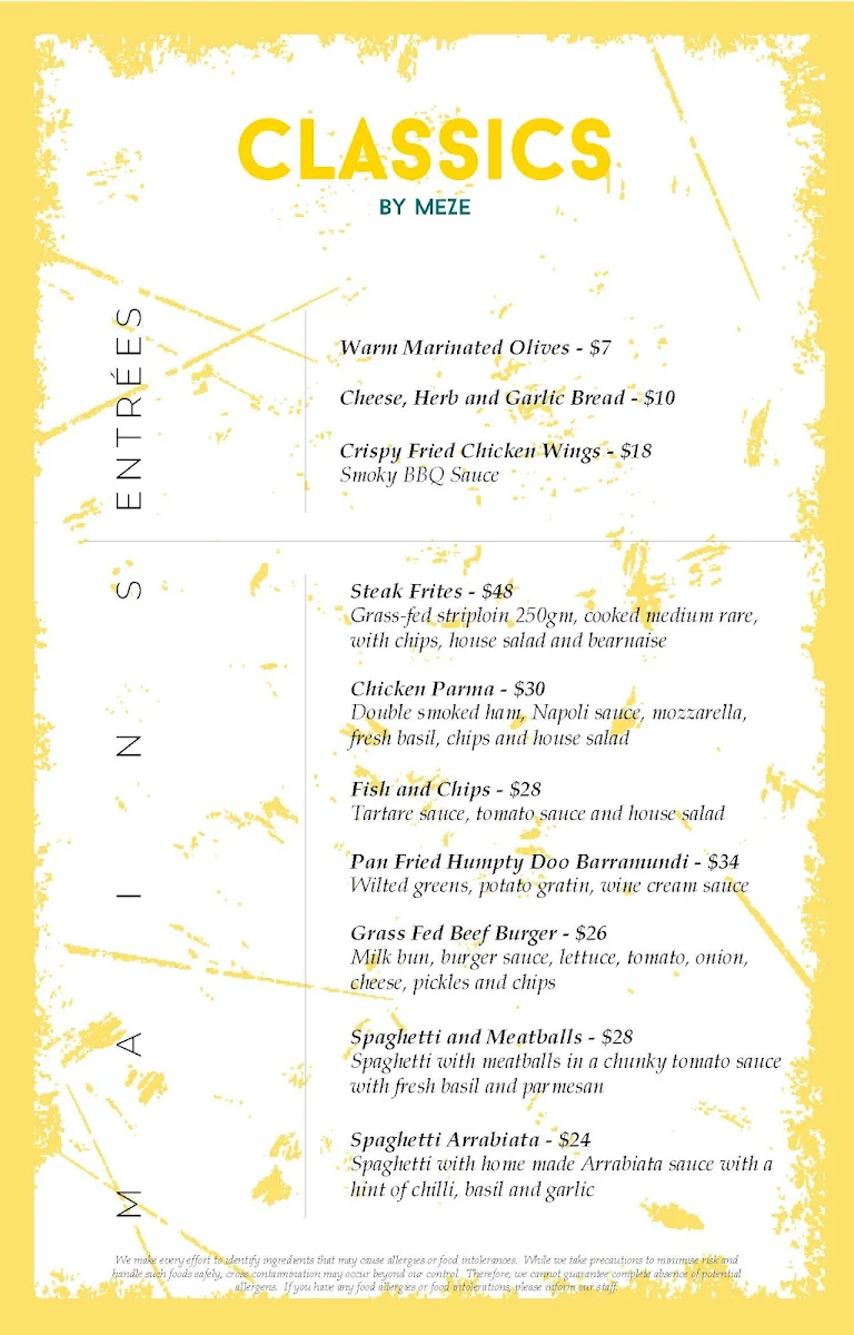 Menu, Meze Restaurant
