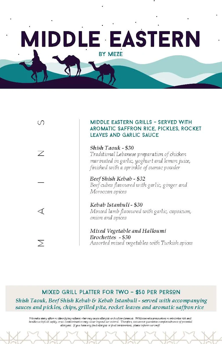 Menu, Meze Restaurant