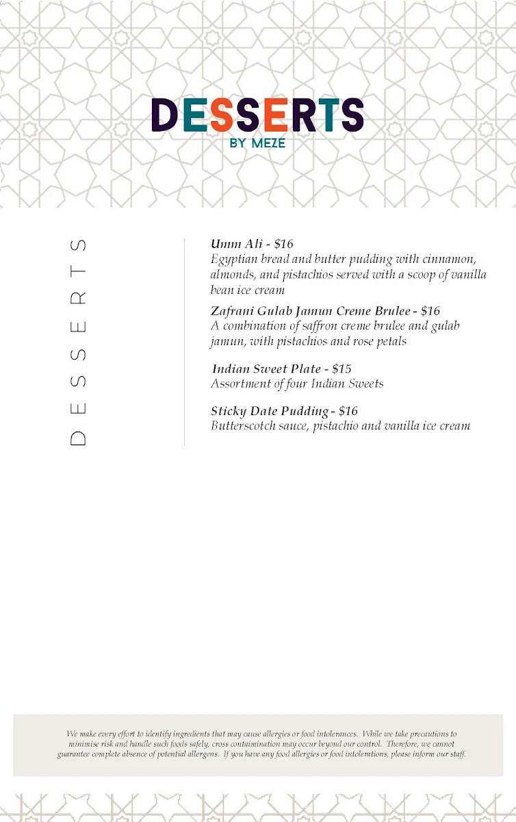 Menu, Meze Restaurant
