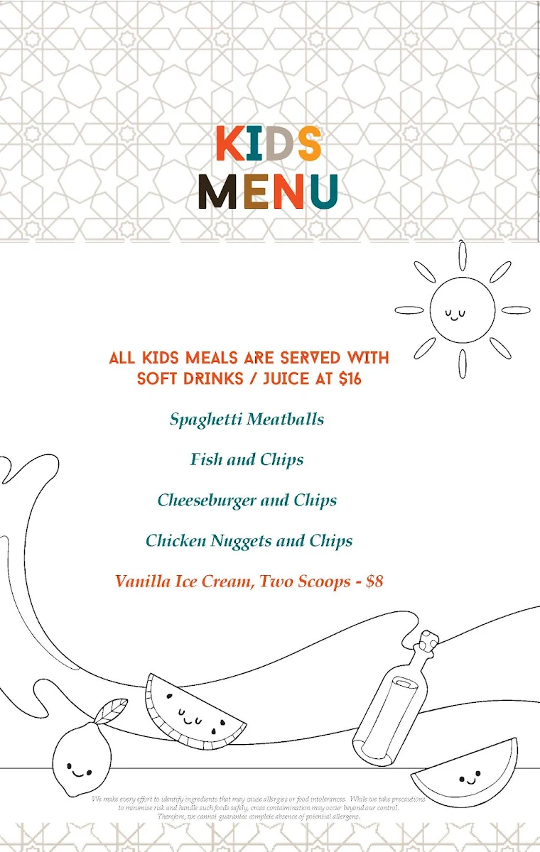 Menu, Meze Restaurant