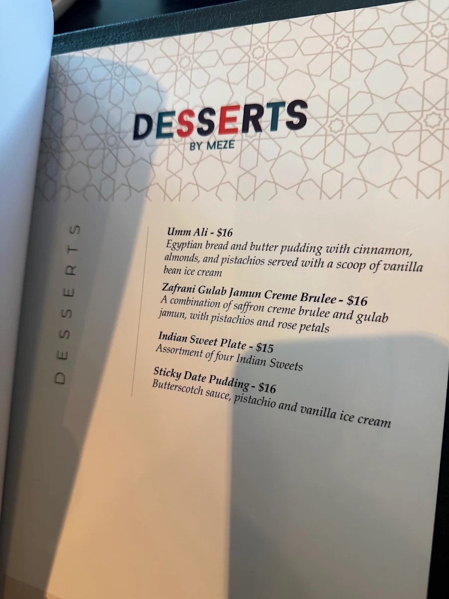 Menu, Meze Restaurant