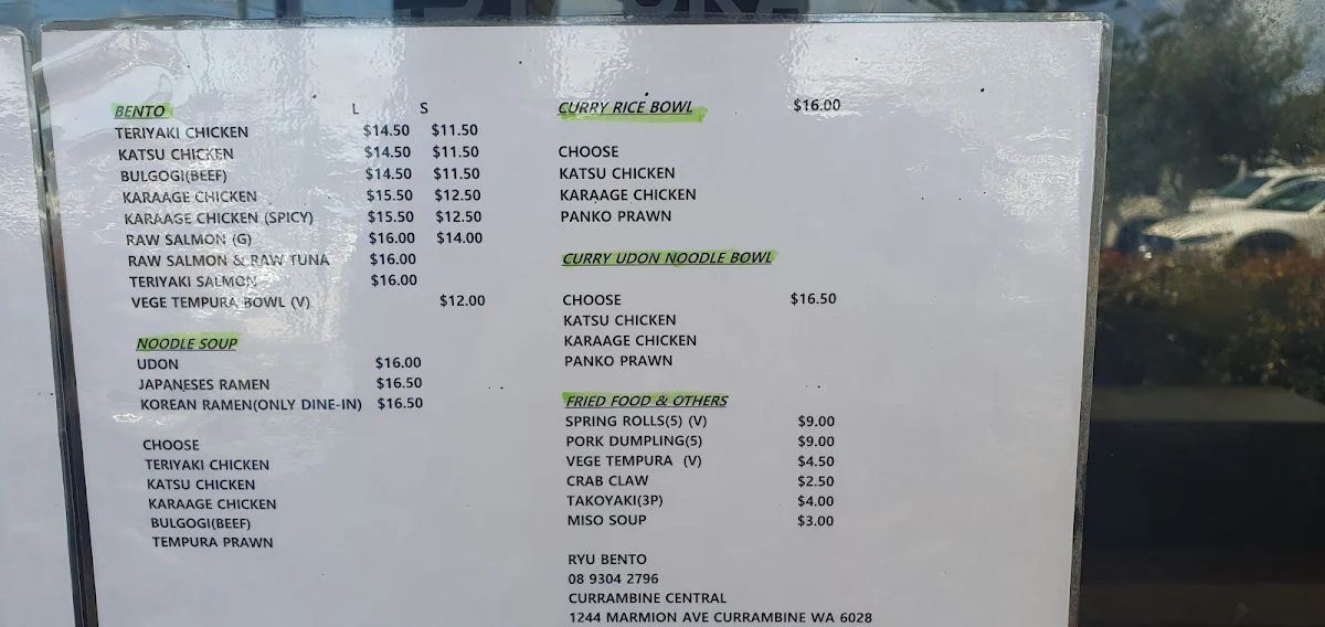 Menu, Ryu Korean & Japanese Restaurant