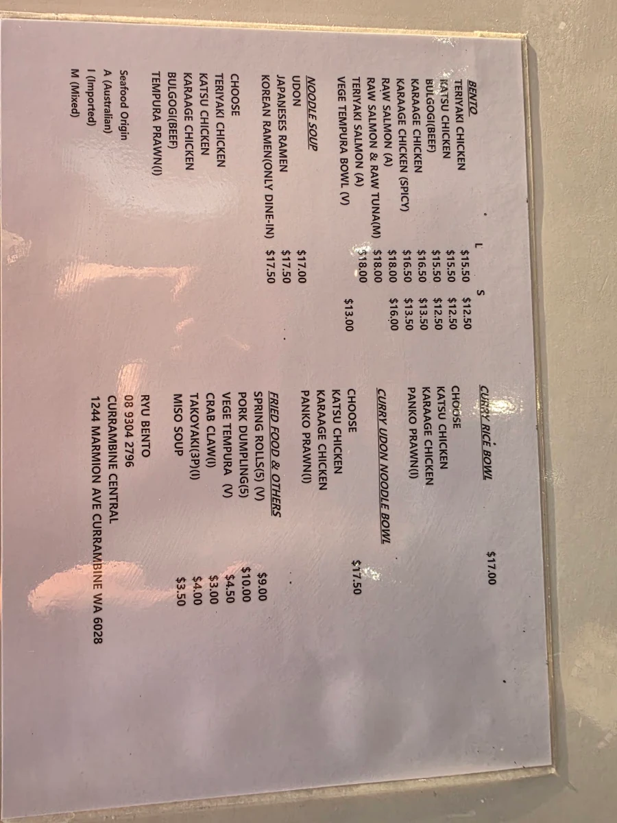 Menu, Ryu Korean & Japanese Restaurant