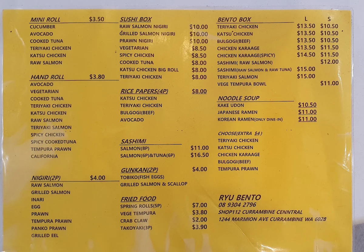 Menu, Ryu Korean & Japanese Restaurant