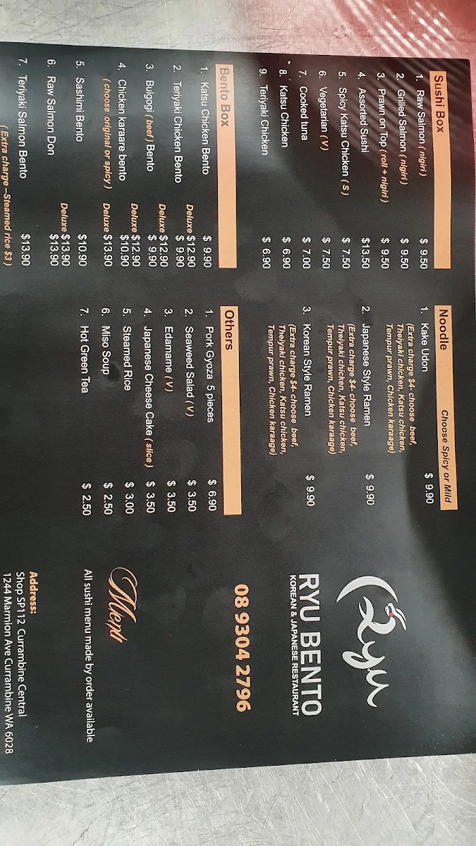 Menu, Ryu Korean & Japanese Restaurant
