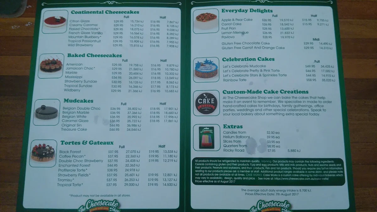 Menu, The Cheesecake Shop Strathpine