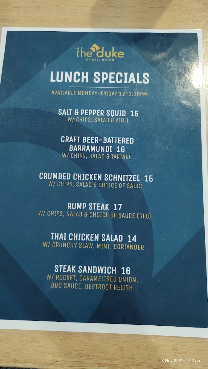Menu, Duke Of Wellington