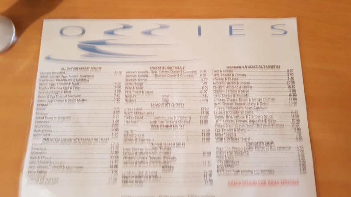 Menu, Ozzie's Coffee Lounge