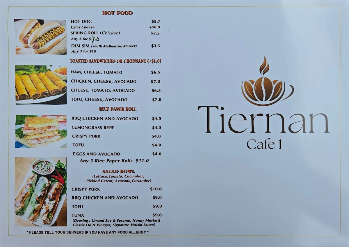 Menu, Tiernan Cafe 1