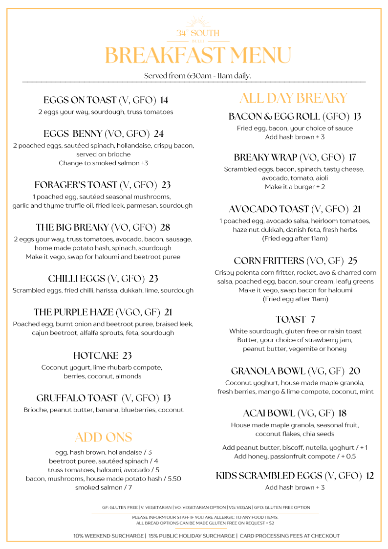 Menu, 34 South Bulli