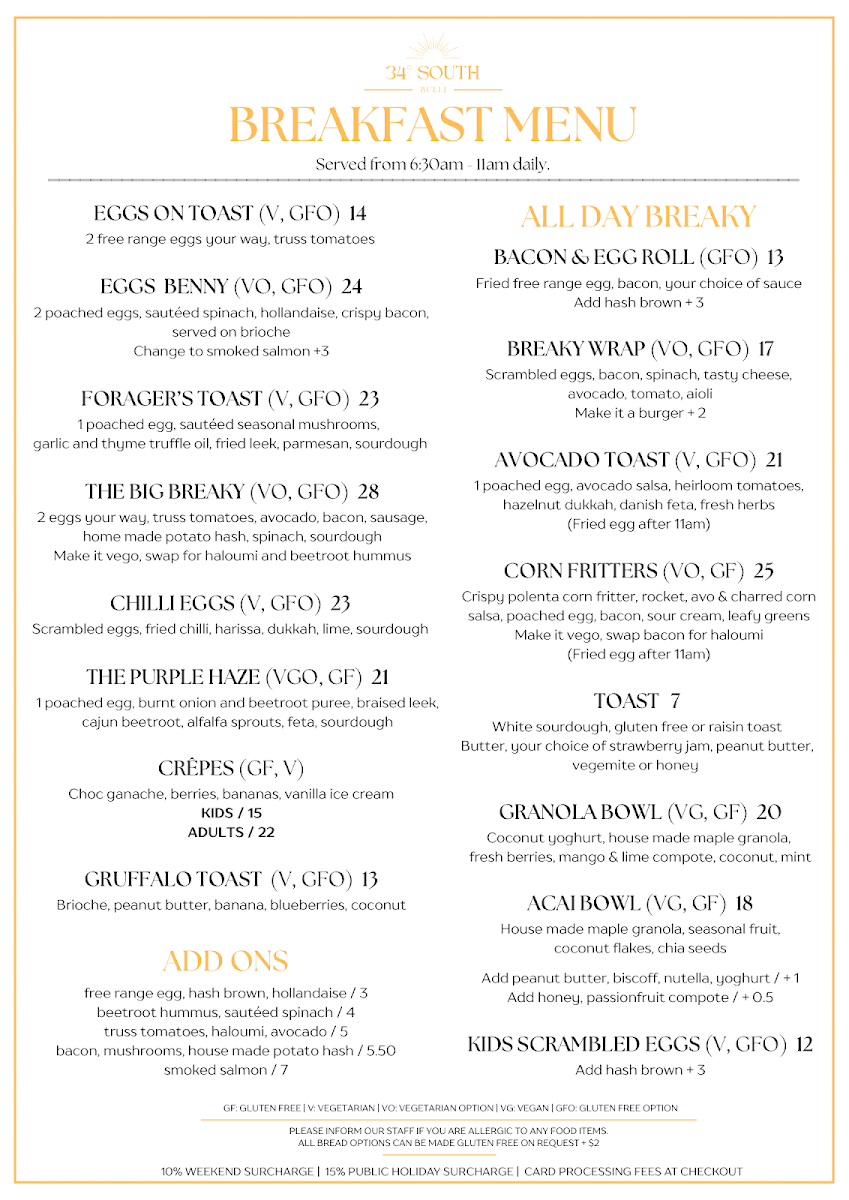 Menu, 34 South Bulli