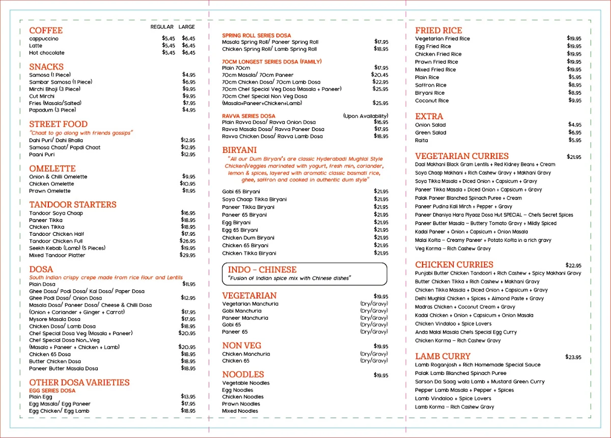 Menu, Dosa Hut Indian Restaurant Healesville