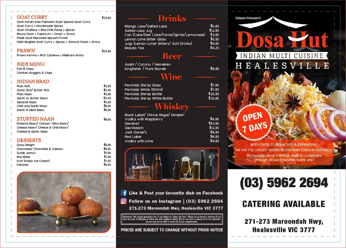 Menu, Dosa Hut Indian Restaurant Healesville