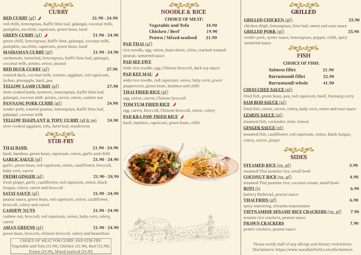Menu, Narai Classic Thai - Fairfield