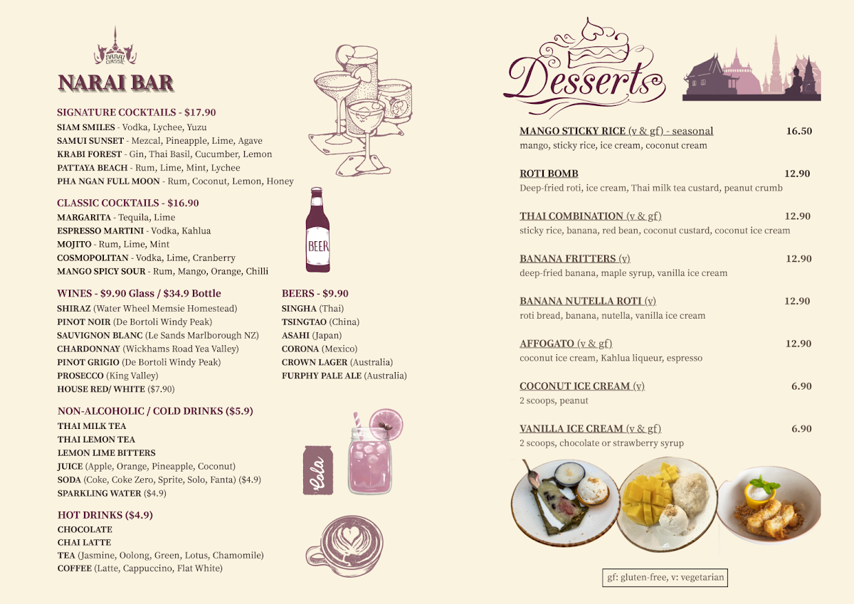 Menu, Narai Classic Thai - Fairfield