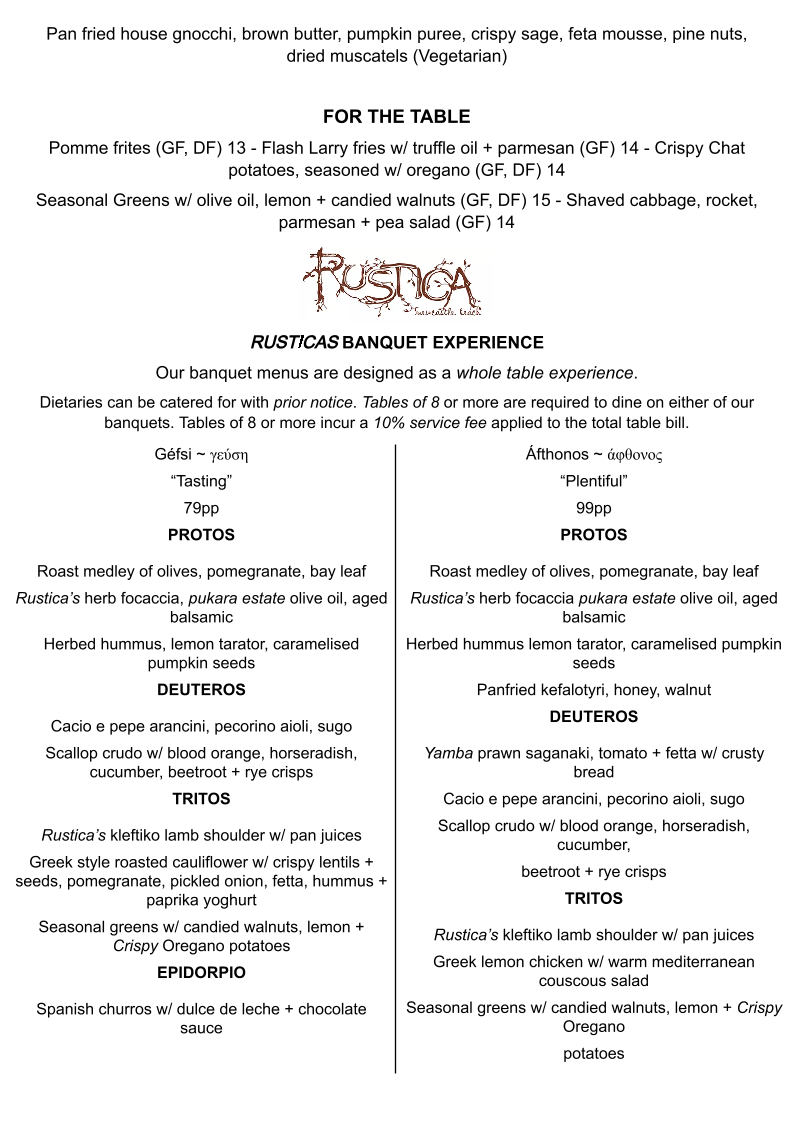 Menu, Rustica Newcastle Beach