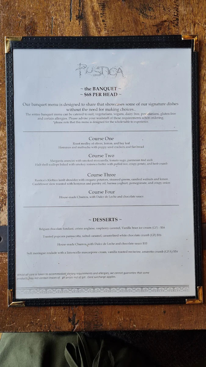 Menu, Rustica Newcastle Beach