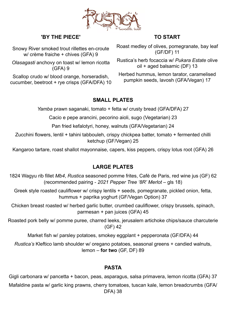 Menu, Rustica Newcastle Beach