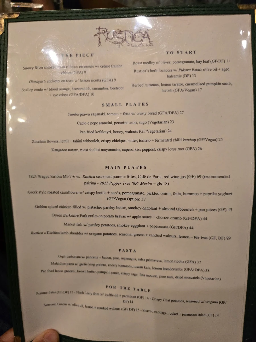 Menu, Rustica Newcastle Beach