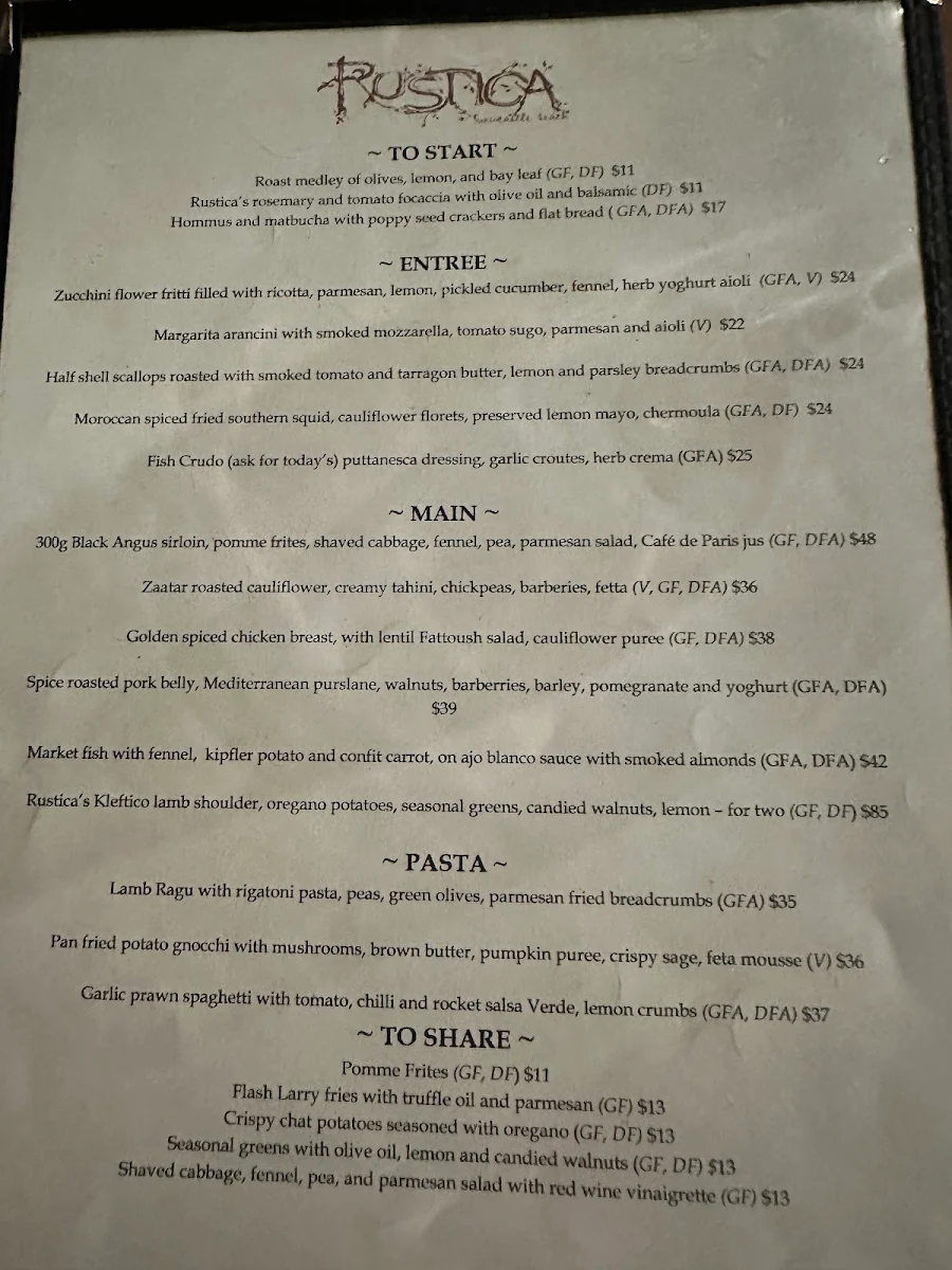 Menu, Rustica Newcastle Beach