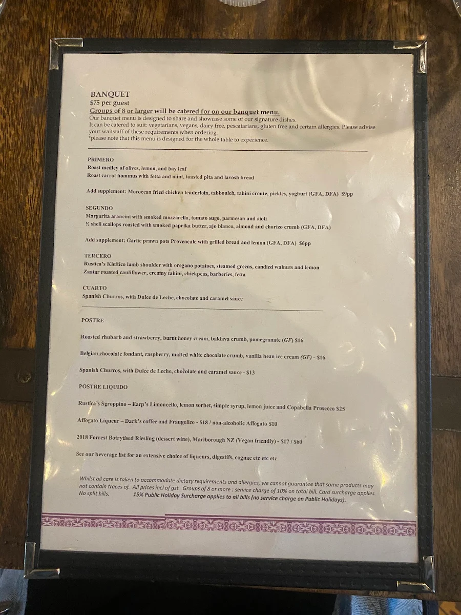 Menu, Rustica Newcastle Beach