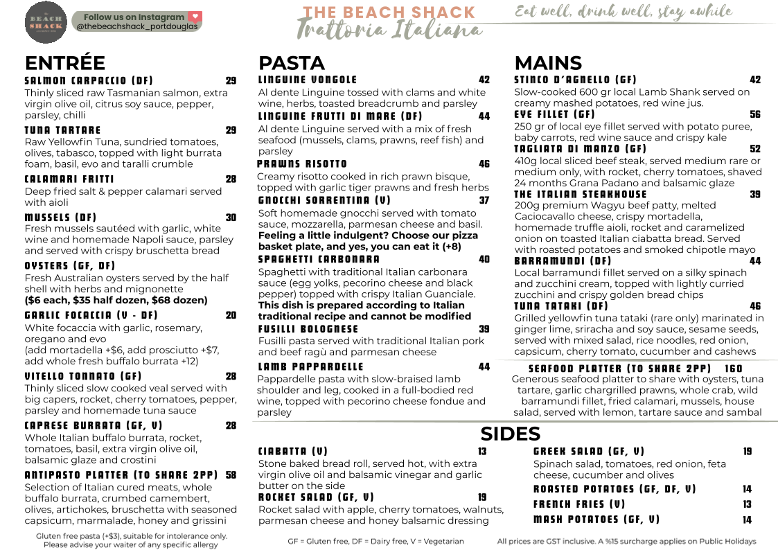 Menu, The Beach Shack Trattoria Italiana