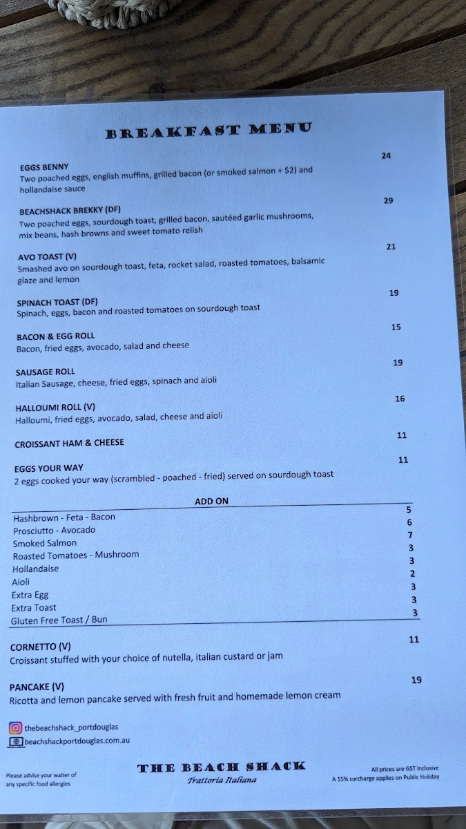 Menu, The Beach Shack Trattoria Italiana