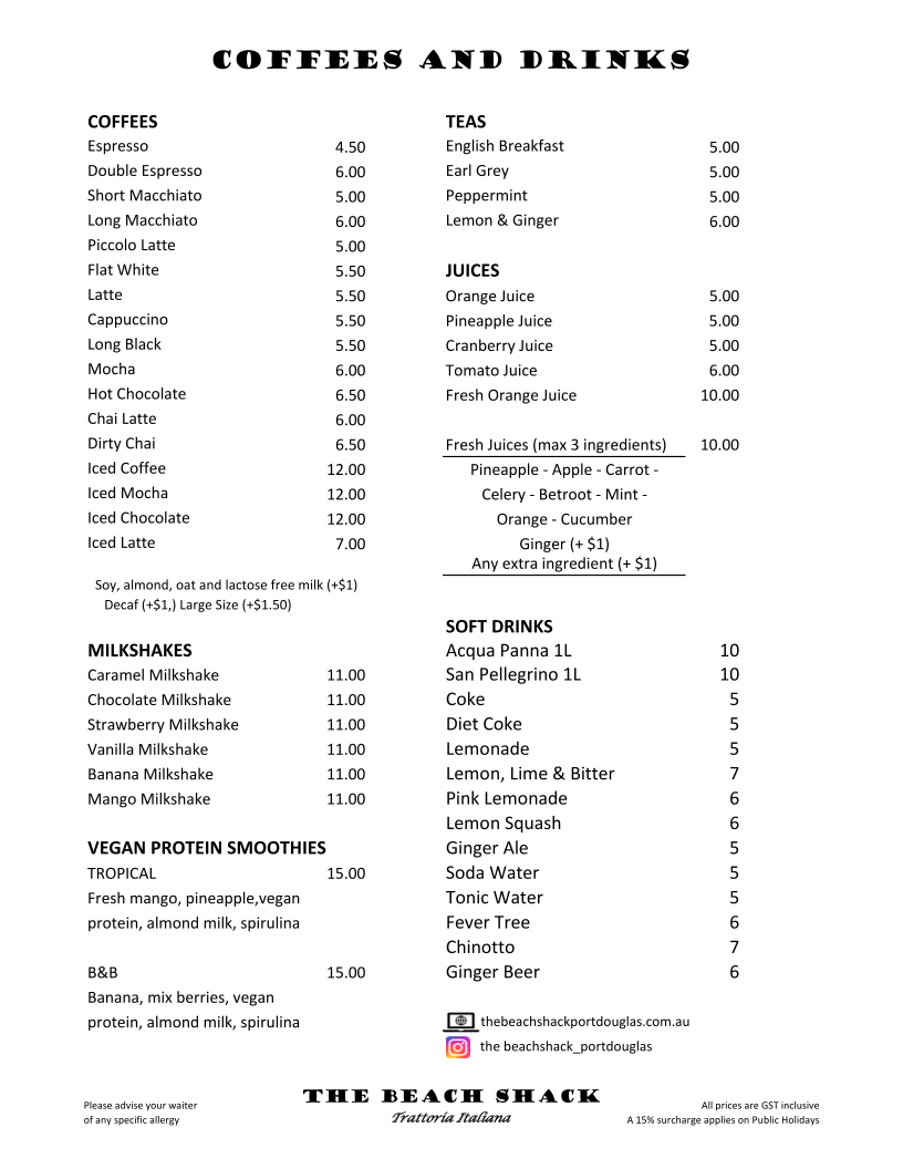 Menu, The Beach Shack Trattoria Italiana