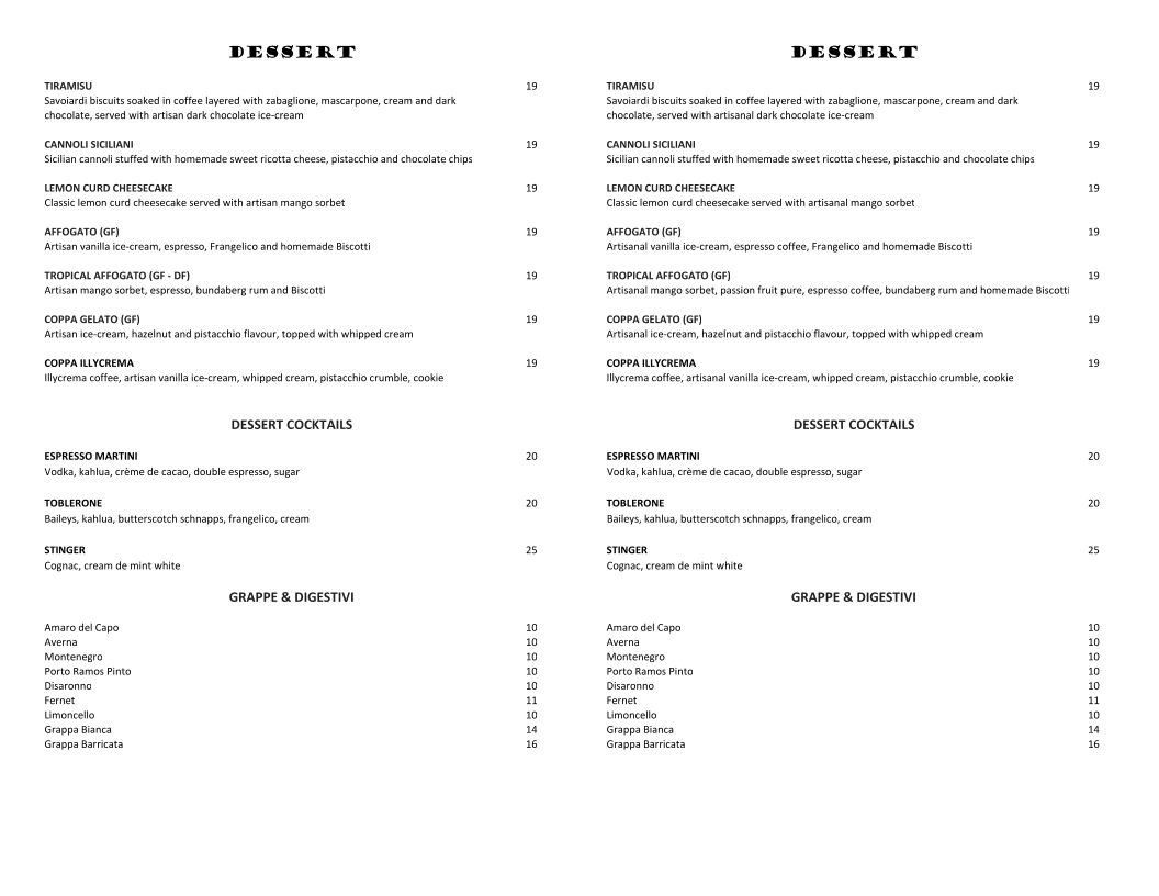 Menu, The Beach Shack Trattoria Italiana